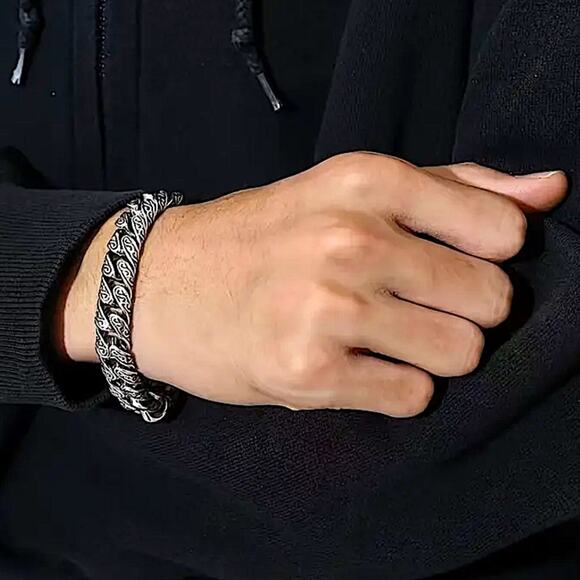 Stainless Steel Chain Link Bracelet, Mantra, Curb Hand Woven Engraved - Picture 4 of 4